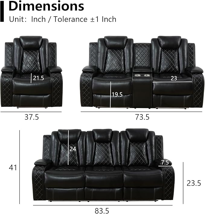 Power Leather Recliner Sofa Set with LED Light,Leather Couch Set for Reclining Sofa with Drop-Down Table/Loveseat with Storage Console/Single Chair 3 PCS Living Room Furniture(Black,3+2+1)