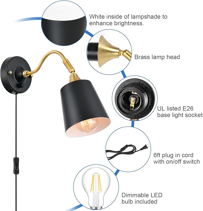 TRLIFE Wall Sconces Plug in, Dimmable Wall Lights with Plug in Cord Adjustable Lighting Angle Wall Mounted Light with On/Off Rotary Switch for Bedside, Bedroom, Over Mirror(2 Pack, 2 Bulbs Included)