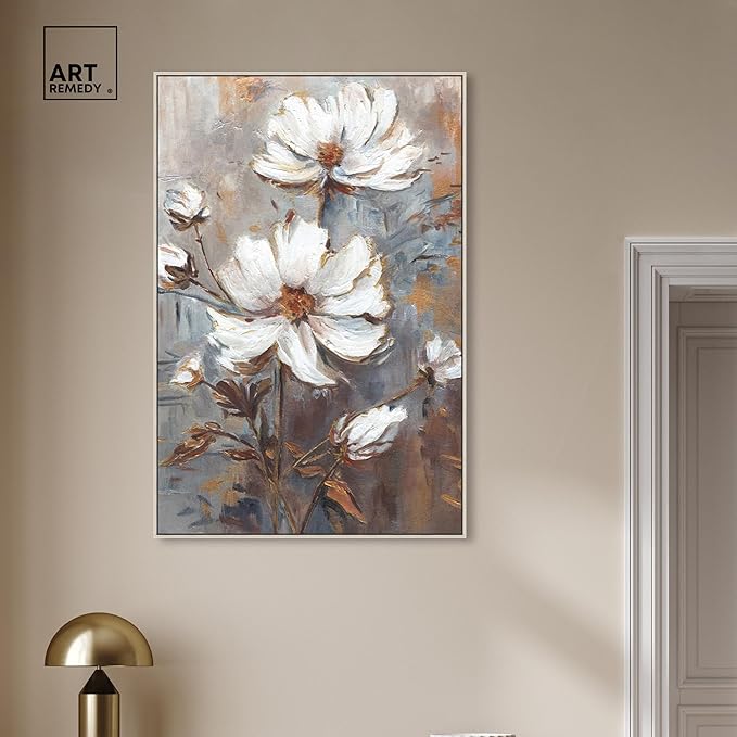 Art Remedy White Textured Flowers Canvas Elegant Floral Wall Art, Silver Frame, 30" x 45"