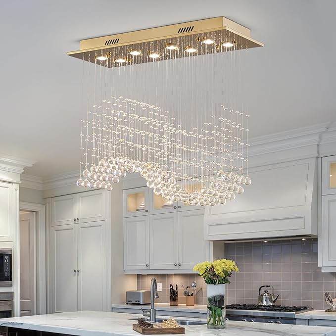 Siljoy Gold Rectangle Crystal Chandelier for Dining Room, 31.5'' Modern Wave Raindrop Crystal Chandelier, 8-Light Luxury Rectangular Pendant Ceiling Light for Living Room Kitchen Island