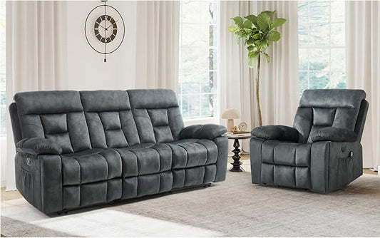CANMOV Recliner Sofa Set, Power Lift Recliner with Massage&Heat and 3 Seat Sofa, Reclining Sofa with Overstuffed Armrest, Hidden Cup Holders, for Living Room, Greenish-Gray