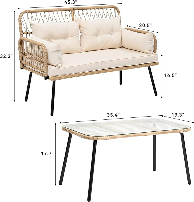 YITAHOME 2-Piece Patio Furniture Wicker Outdoor Loveseat, All-Weather Rattan Conversation for Backyard, Balcony and Deck with Soft Cushions and SideTable (Light Brown+Beige)