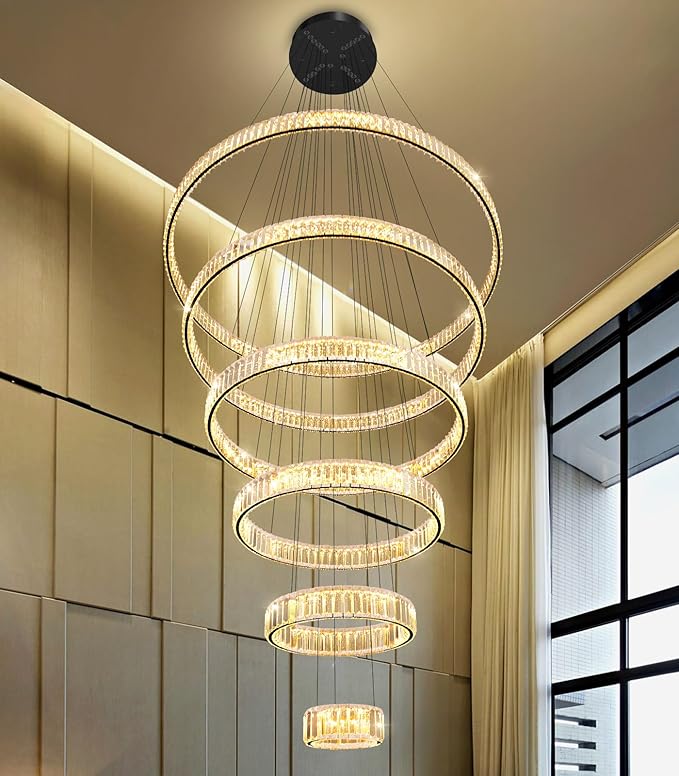 Large Ring Chandelier Modern Crystal Chandeliers for High Ceiling Round LED Dimmable Ceiling Light Fixture for Foyer Long Stair Black 8''+16''+24''+32''+40''+47''