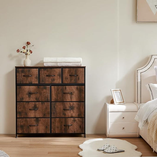 Sweetcrispy Dresser for Bedroom with 9 Storage Drawers, Large Fabric Storage Tower Organizer, Chest of Drawers with Metal Frame Wooden Top for Closet, Living Room, Entryway, Brown