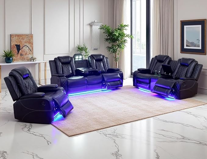 Power Recliner Sofa Set, Breathing Leather Reclining Sofa Set, Recliner Couch Loveseat and Chair with Cup Holders/Charging, 3PCS Living Room Set with Recliners for Home Theater/Office, Black