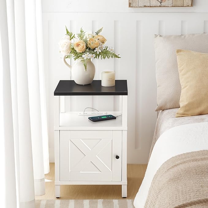 Farmhouse Nightstand with Charging Station, White Bedside Table with USB&Type-C Ports and Outlets, End Table with Storage, Night Stand for Bedroom, White and Black ETBW96E01