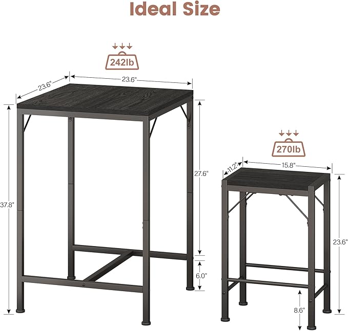 Homeiju Bar Table and Chairs Set, Square Bar Table with 2 Stools, Space-Saving Dining Pub Set for 2, Perfect for Kitchen, Breakfast Nook, Living Room & Small Spaces