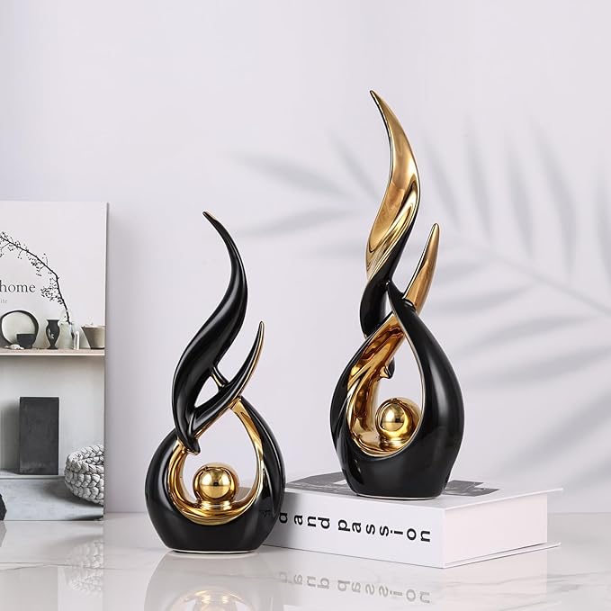 2 PCS Black Gold Ceramic Statues For Home Decor Accents, Modern Abstract Art Sculptures, Elegant Tabletop Decorative Objects For Dining Room, Entryway, Tv Stand, Mantel, Coffee Table Centerpieces