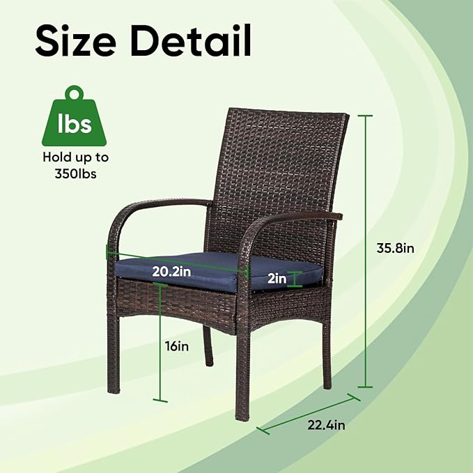 Outdoor Wicker Patio Dining Chairs with Padded Cushions Set of 4: Porch Rattan Chairs Club Chairs with High Back and Deep Seating 350lbs, Brown