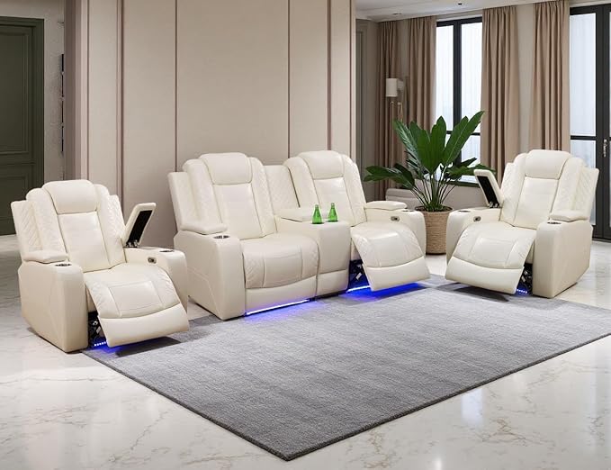 Power Recliner Sofa Set, Breathing Leather Reclining Couch Chair Set, Living Room Furniture Sets, Reclining Loveseat & 2 Chairs with Cupholders/Storage/Charging for Living Room, Cream White