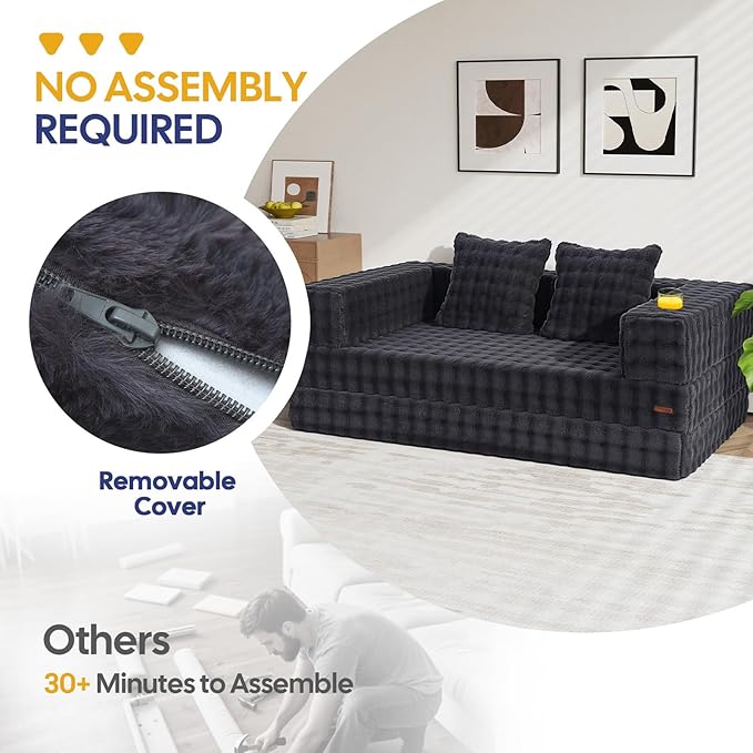 COMAX Futon Sofa Bed, 4‑in‑1 Convertible Sofa Bed, Folding Boneless Couches for Living Room, Fold Out Small Foldable Loveseat Floor Sleeper Comfy Mattress Lounge Space‑Saving, Ash Gray