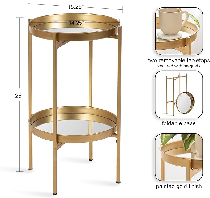 Kate and Laurel Celia Round Metal Foldable Tiered Side Table; 16 x 26; Gold; Modern Accent Table with Mirrored Magnetic Tray Tabletops and Space-Saving Folding Base