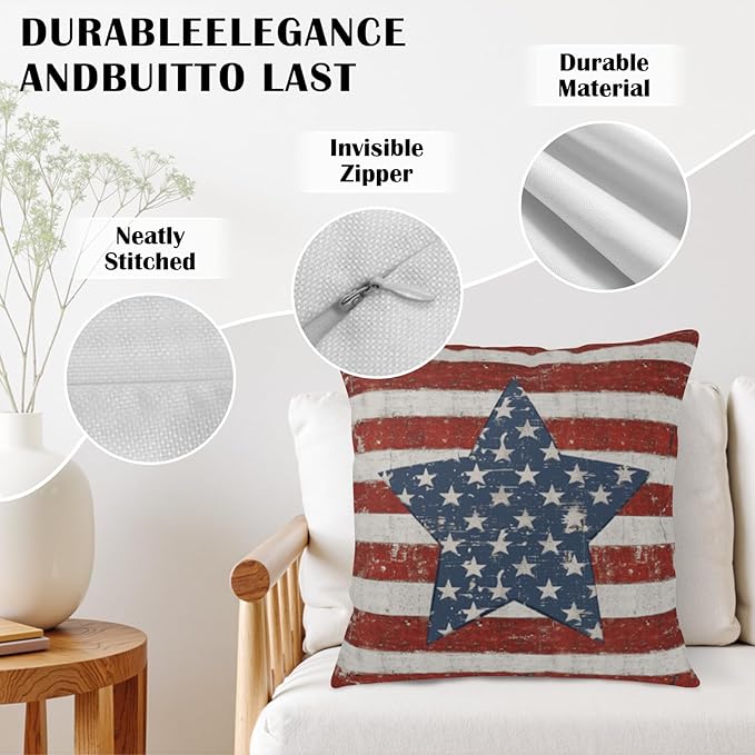 Vintage American Flag Star Pillow Covers 24x24 Set of 2 Red White Stripes Patriotic Outdoor Throw Pillows Covers 4th of July Independence Memorial Day Cushion Case for Home Couch Sofa Decor
