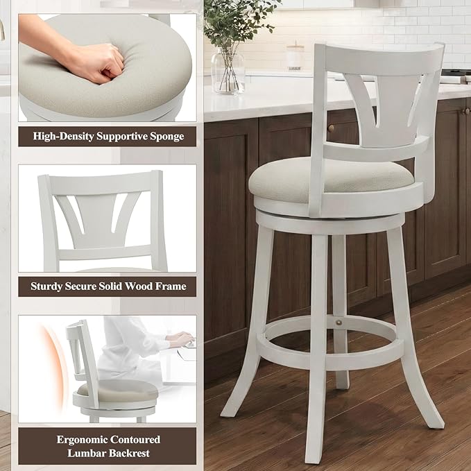 Swivel Bar Stools Set of 5,26 Inch Counter Height Barstool with Silent Rotation, High-Density Foam Cushion, Solid Wood Frame, Footrest & Anti-Slip Pads for Kitchen Islands and Home Bars (White)