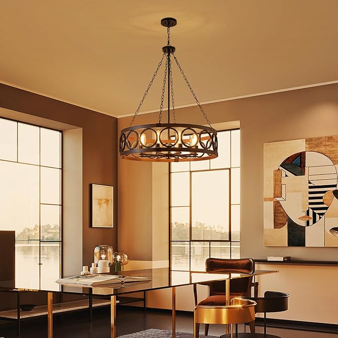 XINGQI 8 Lights Modern Farmhouse Chandelier Black 32.3" Large Drum Light Fixture Rustic Pendant Lighting for Living Room Dining Room Kitchen Island Bar Office, Round Metal Shade Wood Grain Finish