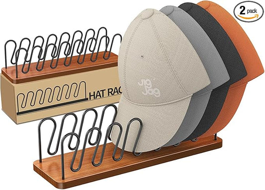 Hat Organizer for Baseball Caps 2 Pack, Premium Wood and Metal Design Hat Storage for Baseball Caps for 14Caps, Tabletop Hat Racks for Closet, Dresser, Entrance (2PCS, Walnut Color)