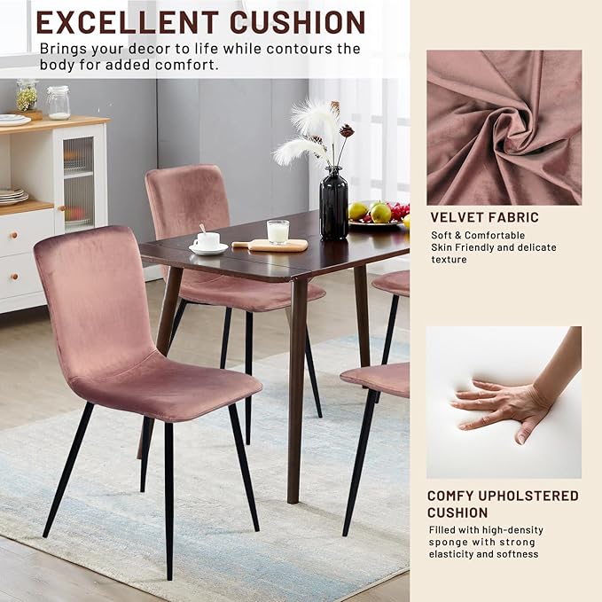 FurnitureR Scandinavian Dining Chairs Set of 4, Comfy Side Chair with Velvet Seat Sturdy Metal Legs for Kitchen Living Bed Room, Rose