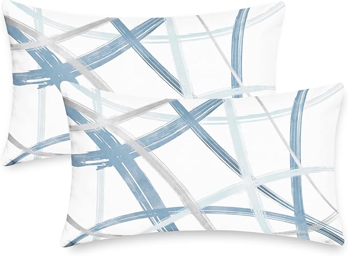CaliTime Throw Pillow Cases Pack of 2 Cozy Fleece Arc-Shaped Abstract Geometric Lines Decorative Cushion Covers for Couch Bed Sofa Farmhouse Decoration 12 X 20 Inches Light Blue Grey
