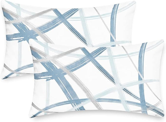 CaliTime Throw Pillow Cases Pack of 2 Cozy Fleece Arc-Shaped Abstract Geometric Lines Decorative Cushion Covers for Couch Bed Sofa Farmhouse Decoration 12 X 20 Inches Light Blue Grey