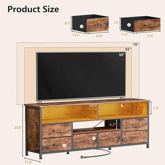 Furologee TV Stand for Bedroom, 63 Inch Entertainment Center for 65 70 Inch TVs, 6 Drawers Dresser with Power Outlets and LED Lights, Media Console for Living Room, Rustic Brown