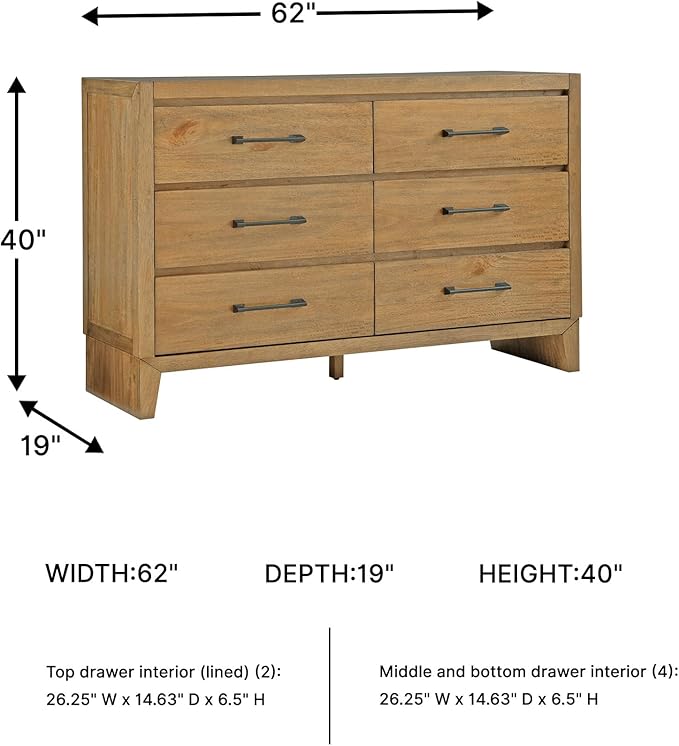 Signature Design by Ashley Sherbana Casual 6-Drawer Dresser with Safety Stop and Felt-Lined Top Drawers, Light Brown