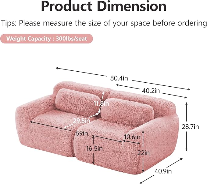 80.4-Inch Boneless Love Seat Couches in a Box, Modern 2 Seat Floor Modular Foam Cloud Sofa Faux Fur Loveseat Couch W/Angle Armrests for Home Apartments Bedroom