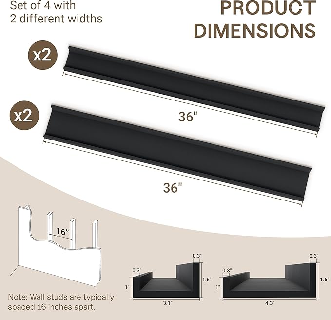 Fun Memories 36 Inch Floating Shelves for Wall - Wall Shelves with Lip Set of 4 - Nursery Bookshelf for Storage - Picture Ledge Shelf for Bedroom - Living Room - Kitchen - Black Color