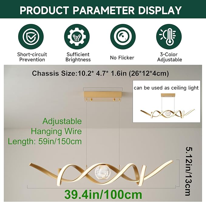 LED Modern Chandeliers for Dining Room, 39in Dimmable Gold Chandelier Kitchen Pendant Lighting Over Island, Linear Wave Spiral Pendant Light Fixtures Dining Room Lights Ceiling Hanging, 36W