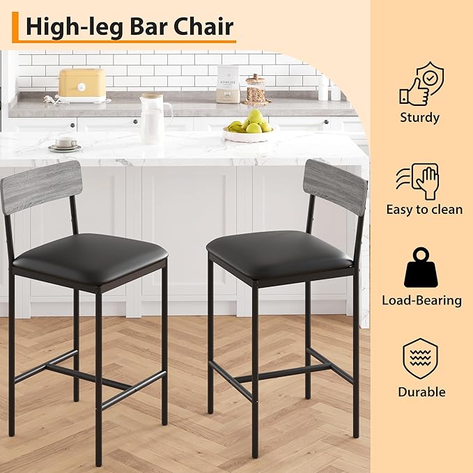 GAOMON Bar Stools Set of 2, Kitchen Bar Stools with Footrest, 25.5 Inches Upholstered Bar Chairs with Back, Counter Height Barstools for Counter Bar, Island, Easy Assembly, Grey