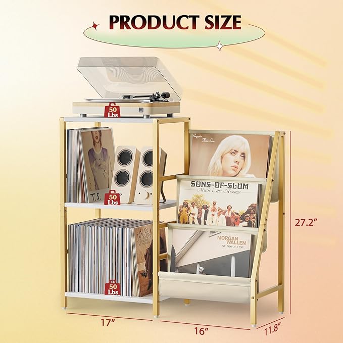 Record Player Stand, Turntable Stand with 3-Tier Vinyl Record Storage, Record Player Table 200 Albums, End Table with Vinyl Display Holder Shelf, Record Player Cabinet Media Console for Stereo,Gold