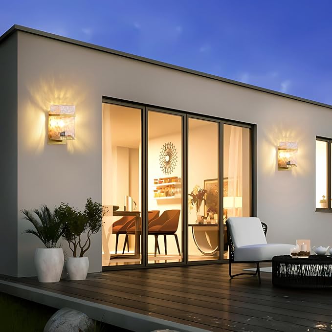 Outdoor Wall Light,Gold Exterior Waterproof Lanterns,Porch Sconces Wall Mounted Lighting with E26 Sockets & Glass Shades, for Garage,Doorway,Patio,Front Door