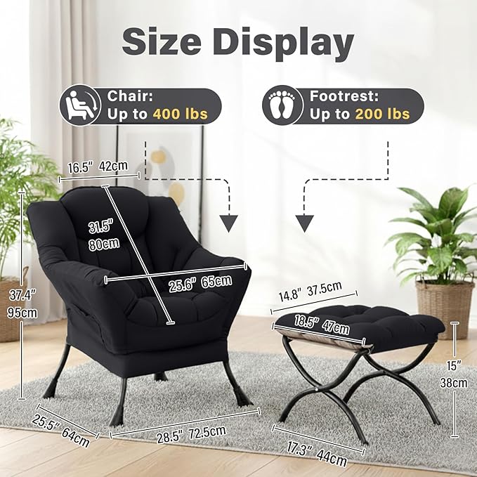 Cozy Lazy Chair and Ottoman, Large Peach Black Contemporary Accent Chair Set, Leisure Upholstered Reading Armchair for Office, Bedroom, Living Room, Dorm Rooms, Balcony