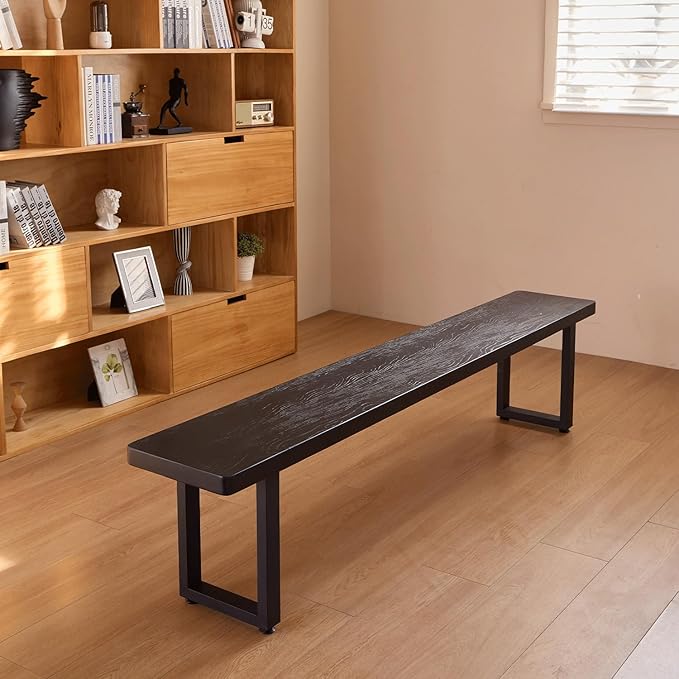 70in Black Solid Wood Dining Bench - Sturdy Metal Legs & Rounded Safety Corners | Modern Indoor Kitchen Bench for Dining Room & Entryway