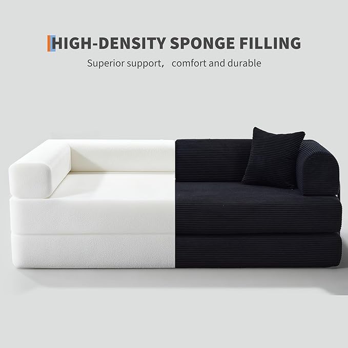GarveeHome 79" Convertible Sleeper Sofa Bed Couch, 4-in-1 Boneless Corduroy Folding Sofa Bed with Pillow & Fixed-Shape, Floor Mattress Couch Loveseat for Living Room Apartments - No Assembly, Black
