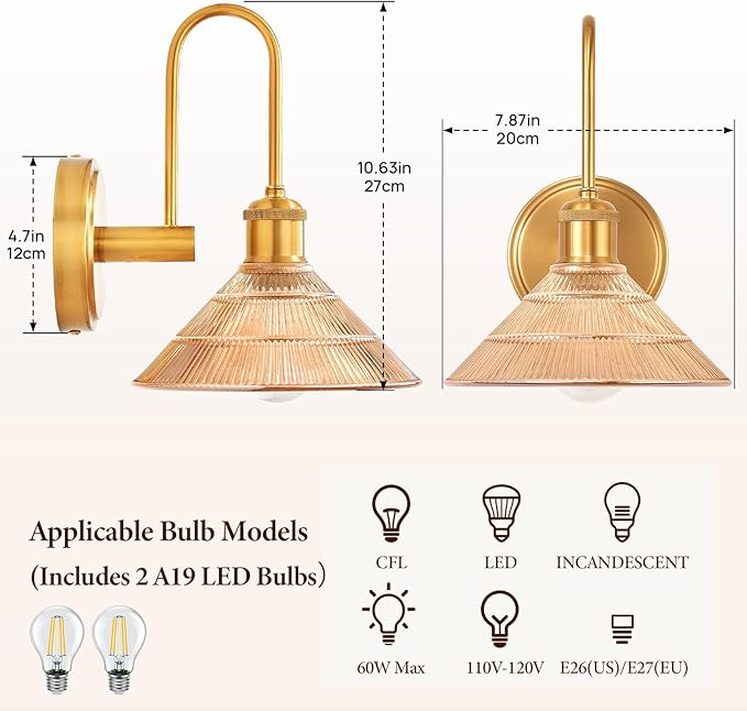 Wall Sconce Set of 2, Gold Vintage Light Fixtures with Round Amber Glass Lampshade, Hardwired Sconces Wall Lighting for Bedroom, Bathroom, Living Room | Includes 2 LED Bulbs