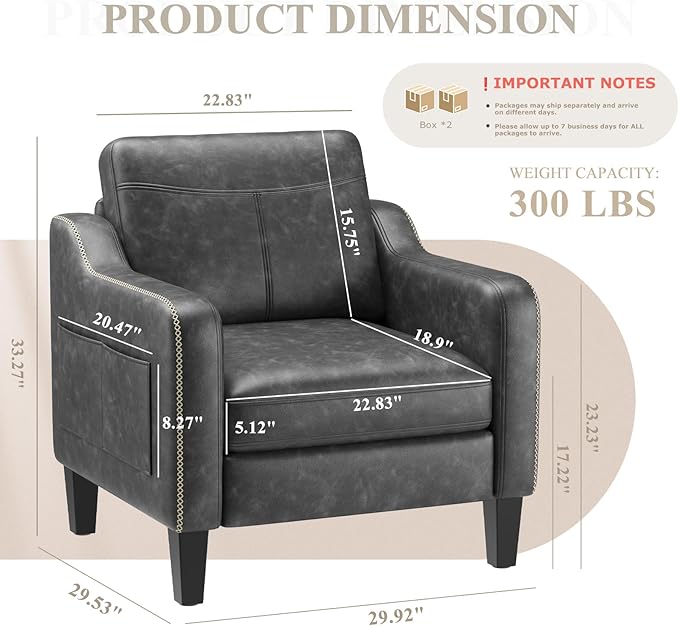 PU Leather Accent Chair, Mid-Century Modern Living Room Armchair Sofa with Removable Cushions, Solid Wood Frame & Stitched Armrest Design, Bedroom Chair with Plastic Legs, Black