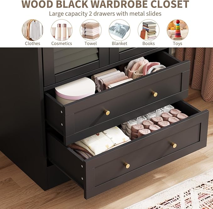 65" Louvered Armoire Wardrobe Closet, Wood Clothing Storage Cabinets with 2 Doors and 2 Drawers, Wooden Wardrobe Closet with Hanging Rod for Bedroom, Cloak Room, Laundry Room, Entrance Hall, Black