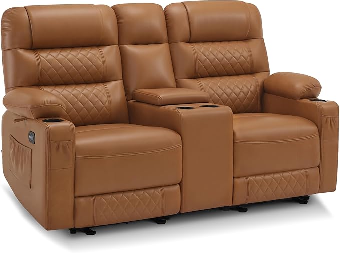 MCombo Zero Gravity Power Loveseat Recliner with Console, Heat and Vibration Massage, Reclining Loveseat Sofa with USB Ports, Cup Holders for Living Room, Faux Leather PR622Sets (Saddle)
