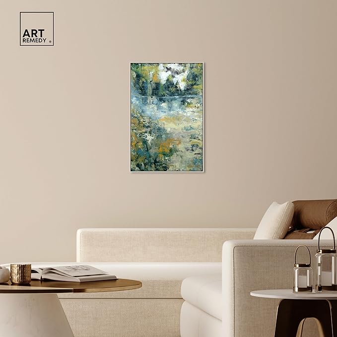 Art Remedy Green Moss Monet Garden Green Abstract Canvas Wall Art, Silver Floater Frame, 24"x36"