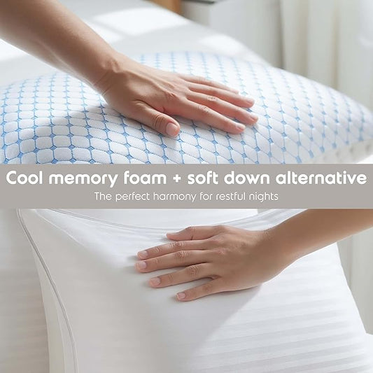 Nestl Cooling Memory Foam Pillow with Down Alternative Pillows Combo Set - Queen Size Set of 2, 1 Soft and 1 Firm, Adjustable for Side, Back, Stomach Sleepers, Breathable Washable Bed Cover, 20”x30”