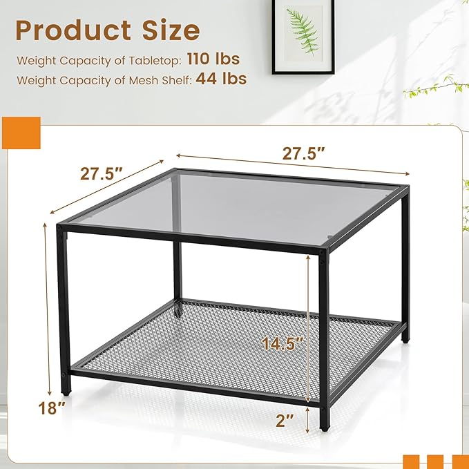 Giantex 27.5" Square Coffee Table - Tempered Glass Center Table w/Bottom Storage Shelf & Metal Frame, Modern Accent Table for Small Space, Living Room, Home, Office (2-Tier, Gray)