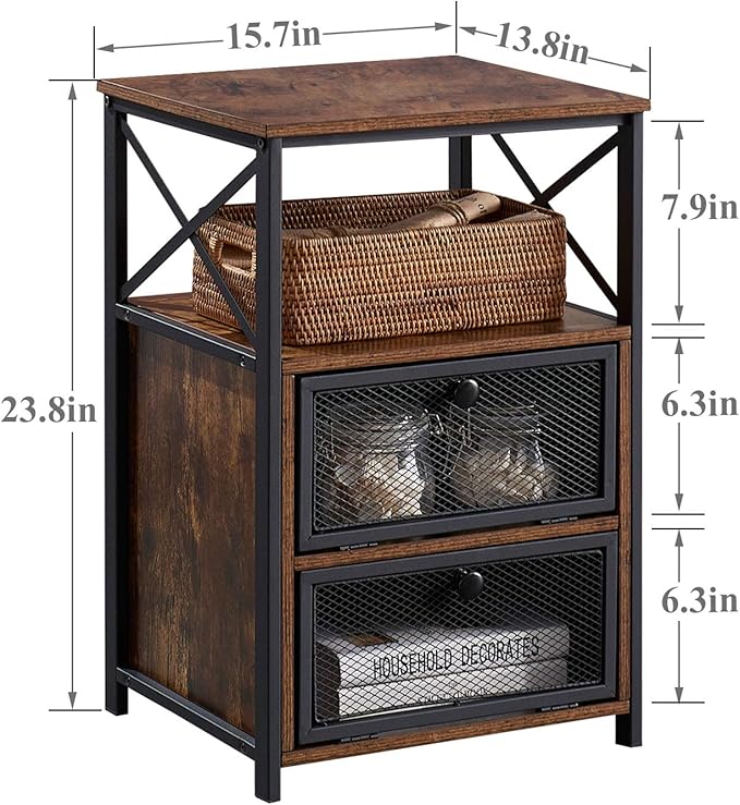 VECELO End Side Table, Modern Night Stand with Storage Space and Door, Set of 2 Nightstands with Flip Drawers for Living Room,Bedroom,Lounge, Rustic Brown