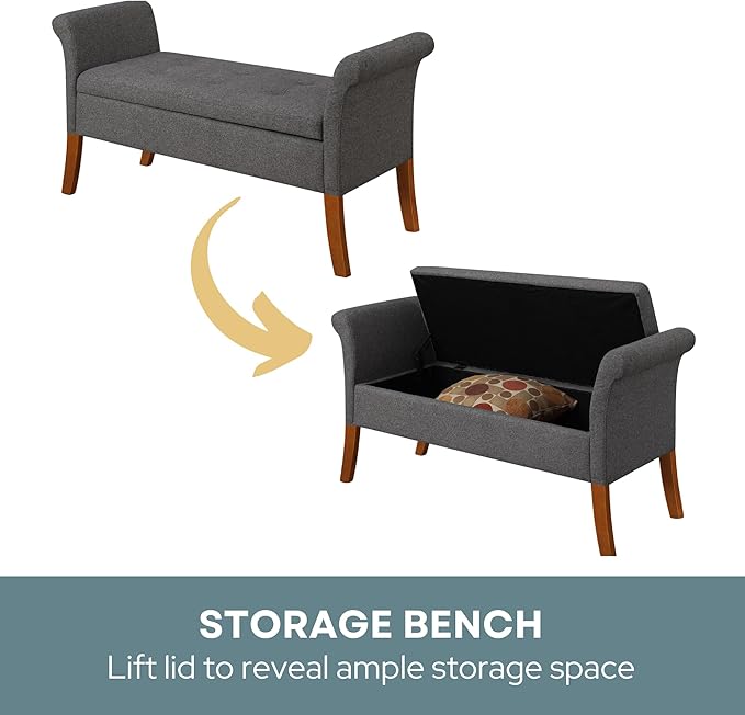 Convenience Concepts Designs4Comfort Garbo Upholstered Storage Bench 51.25" - Modern Ottoman Bench for Living Room, Sitting Bench, Storage Bench with Seating for Entryway, Soft Gray Fabric