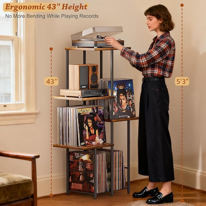 Record Player Stand, Vinyl Record Storage Holder with Display Shelf, Turntable Stand Table with Vinyl Organizer Dividers Album Rack, Vintage Style Record Cabinet Wood, Mid Century Modern Tall Console