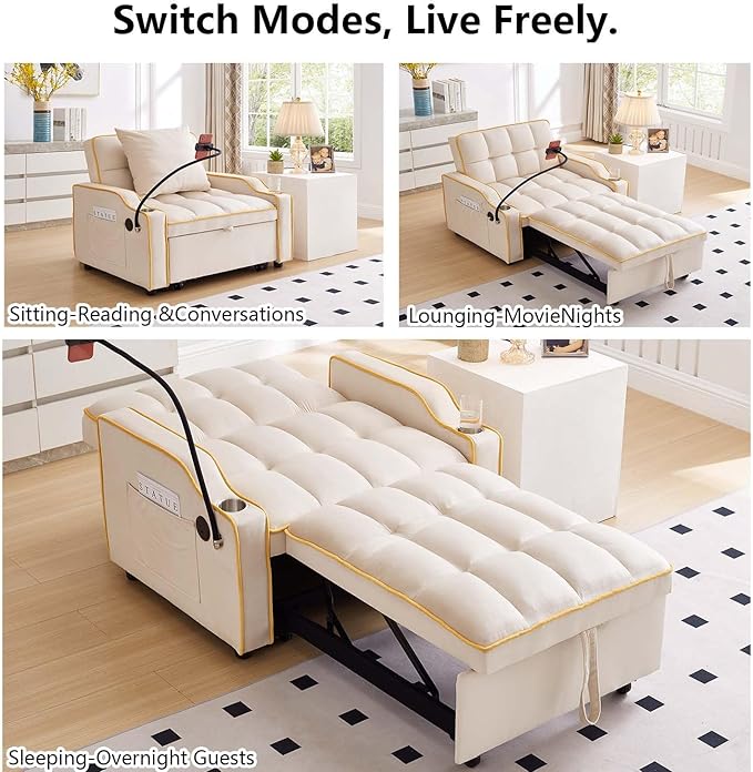 Convertible Sofa Bed, 3 in 1 Futon Sofa Bed with USB Charging Ports, Cup Holder, Phone Stand & Pocket, Modern Upholstered Sleeper Sofa for Living Room, Apartment or Small Space (Beige)