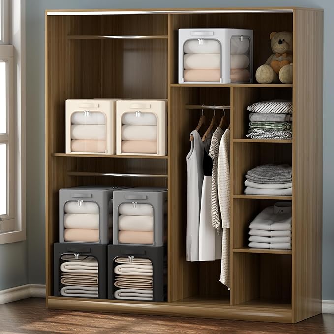 3Pack Clothes Storage Bins - Oxford Frame Storage Box Foldable Stackable Storage Organizer with 3 Openings Design, Metal Frame, Clear Window, Carry Handles (66L-19.7 * 15.7 * 13, Grey)