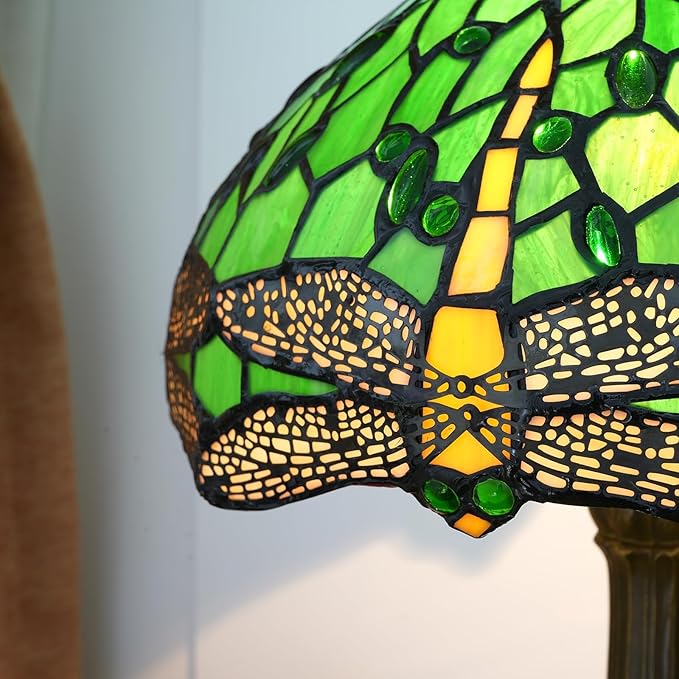 Tiffany Lamp Green Dragonfly Stained Glass Table Lamp 12X12X18 Inches Green Dragonfly Style Desk Reading Light Decor Beside Bedroom Living Room Home