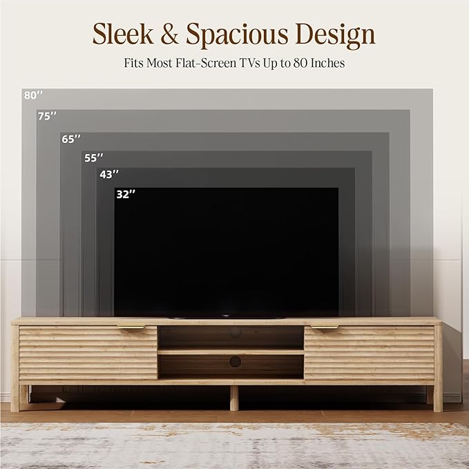 TV Stand for Living Room - up to 80 Inch TVs Mid Century Modern Entertainment Center with Storage and Adjustable Shelves, Media Console Table Oak 71"