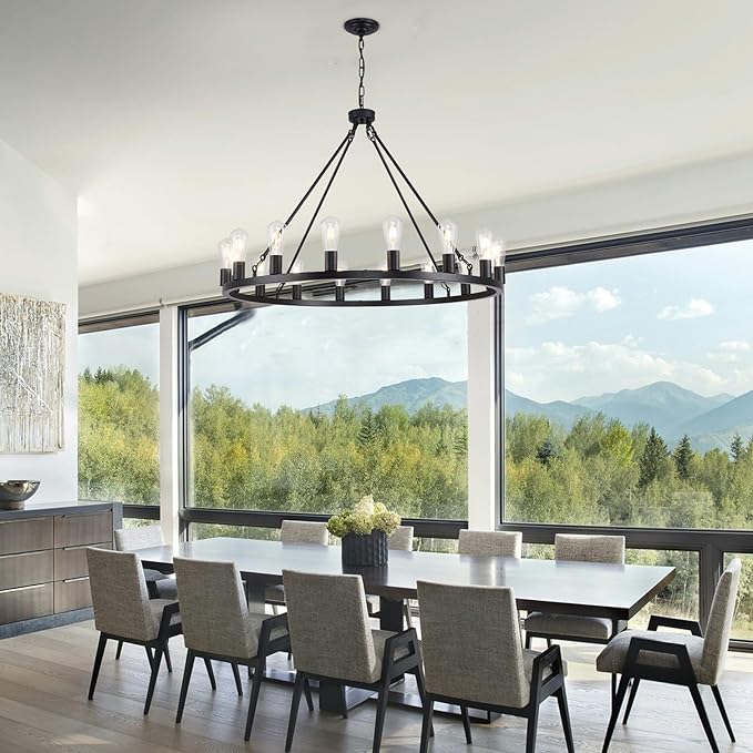 16 Lights Black Wagon Wheel Chandelier, 40 inch Large Farmhouse Light Fixture Round Rustic Pendant Light, Outdoor Wagon Chandelier for Porch High Ceilings Dining Room Living Room Entryway