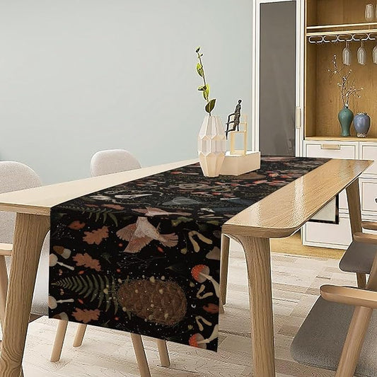 Retro Gothic Table Runner Halloween Crow Moth Fantasy Bird Snake Floral Mushroom Country Abstract Kitchen Dining Table Decoration for Living Room Holiday Outdoor Home Party 13x36in